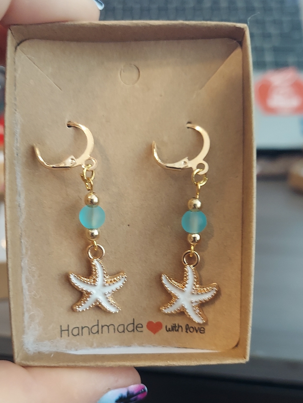 Handmade Gold Starfish Drop Earrings with Aqua Beads